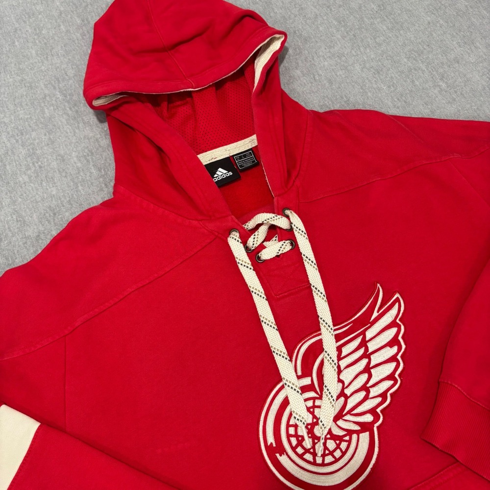 Adidas Detroit Red Wings Hoodie Mens XL Red Lace Up Hockey Jersey Sweatshirt